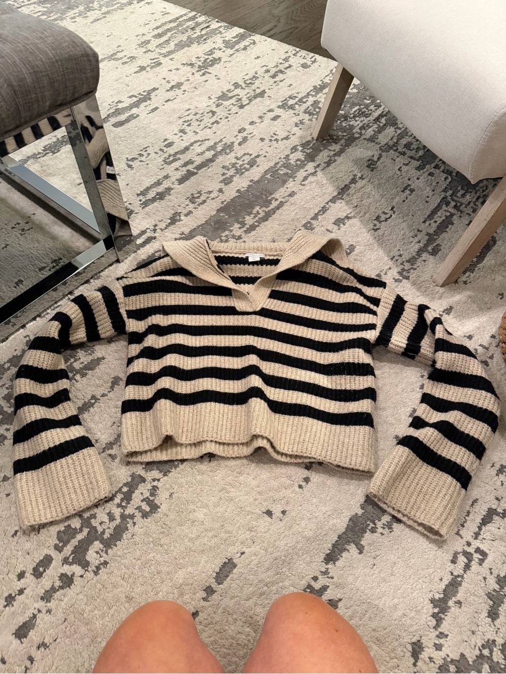 Sincerely Jules Striped V-Neck Cropped Sweater in Black & Cream